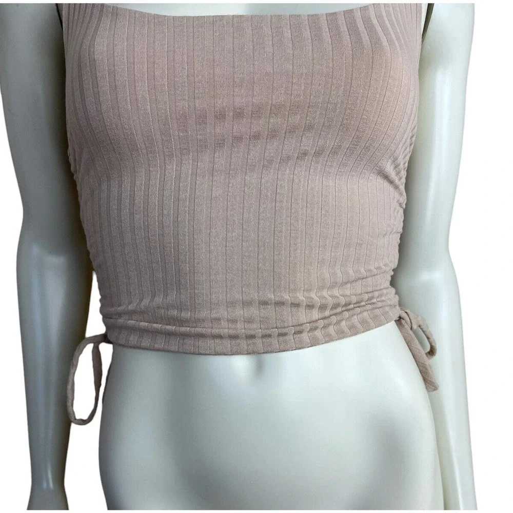 Audrey 3+1 Crop Top S Ruched Side Kalah Tank Ribbed Taupe Sleeveless OOTD Fash
